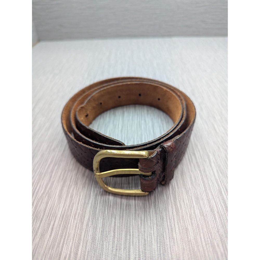 John Henry Mens Brown Leather Belt 35 Basketweave Embossed Brass Buckle